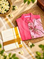 Hot Pink Silk Panel Shirt with White Pattu Dhoti for Boys – Traditional Festive Set