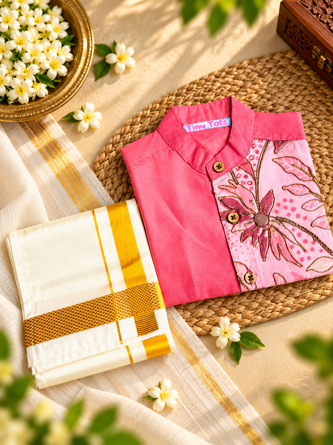 Hot Pink Silk Panel Shirt with White Pattu Dhoti for Boys – Traditional Festive Set