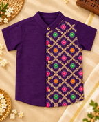 Royal Purple Raw Silk Patola Print Shirt & Dhoti Set for Boys