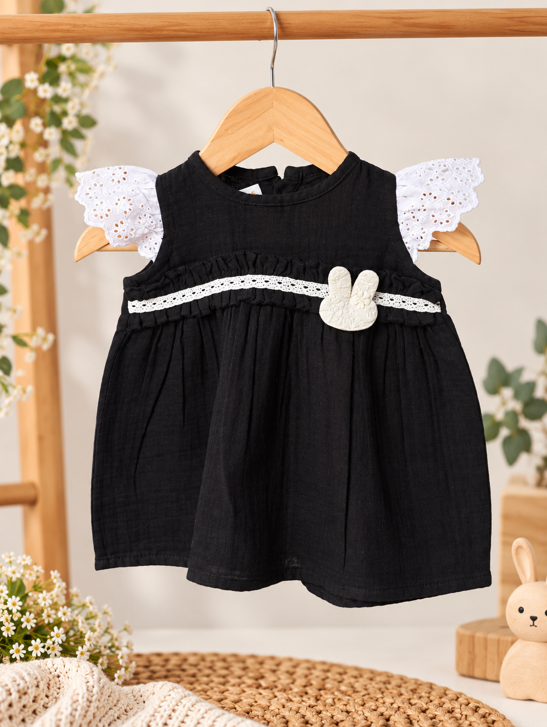 Midnight Black Bloom Crinkle Muslin Frock