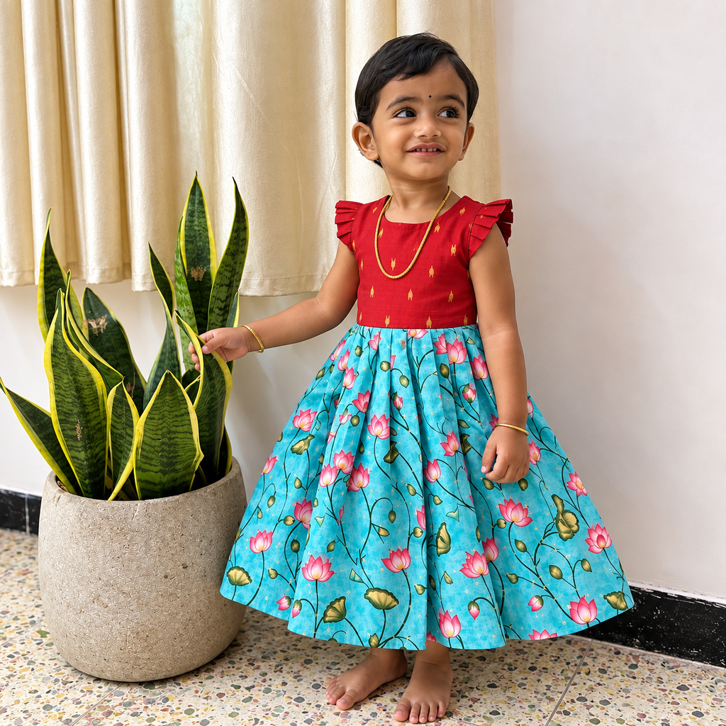Traditional Ruby Red Raw Silk & Lotus Print Tassar Frock