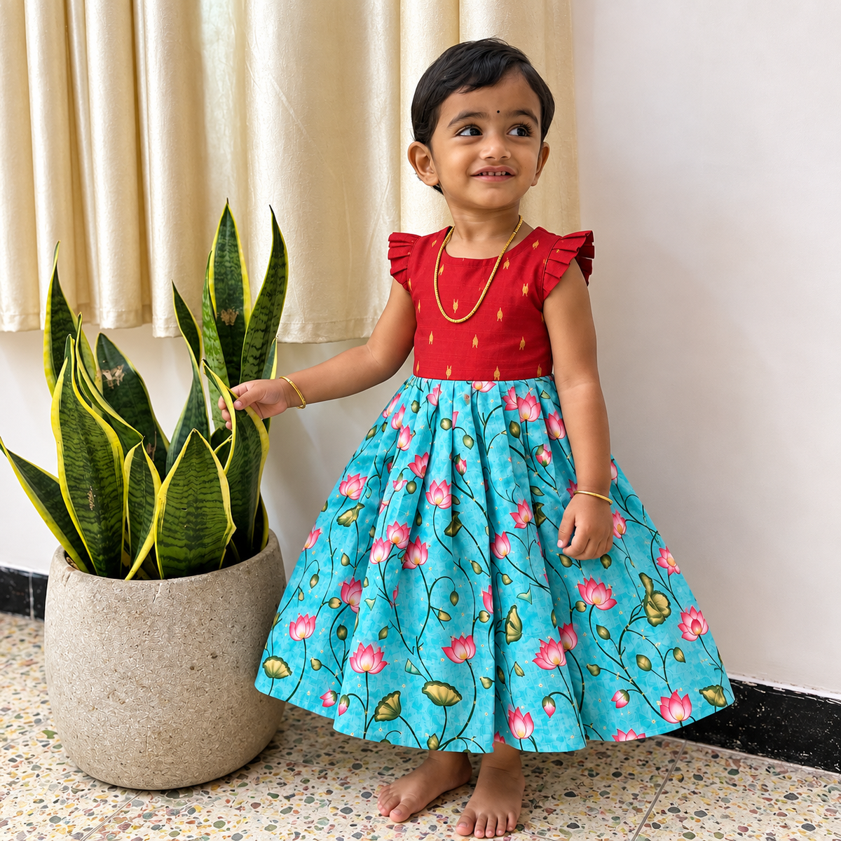 Traditional Ruby Red Raw Silk & Lotus Print Tassar Frock
