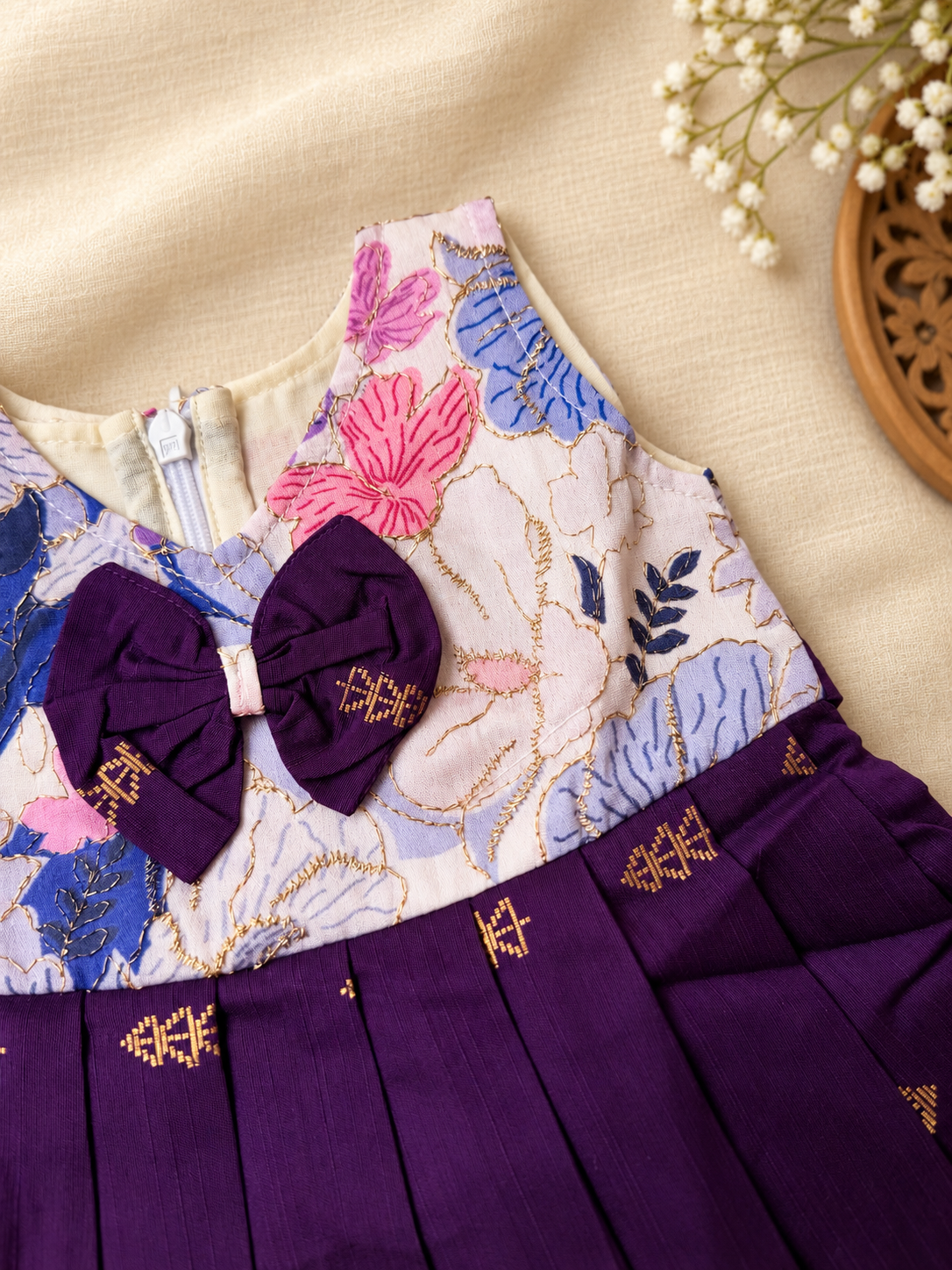 Purple Floral Raw Silk Teppy Ethnic Frock for Girls