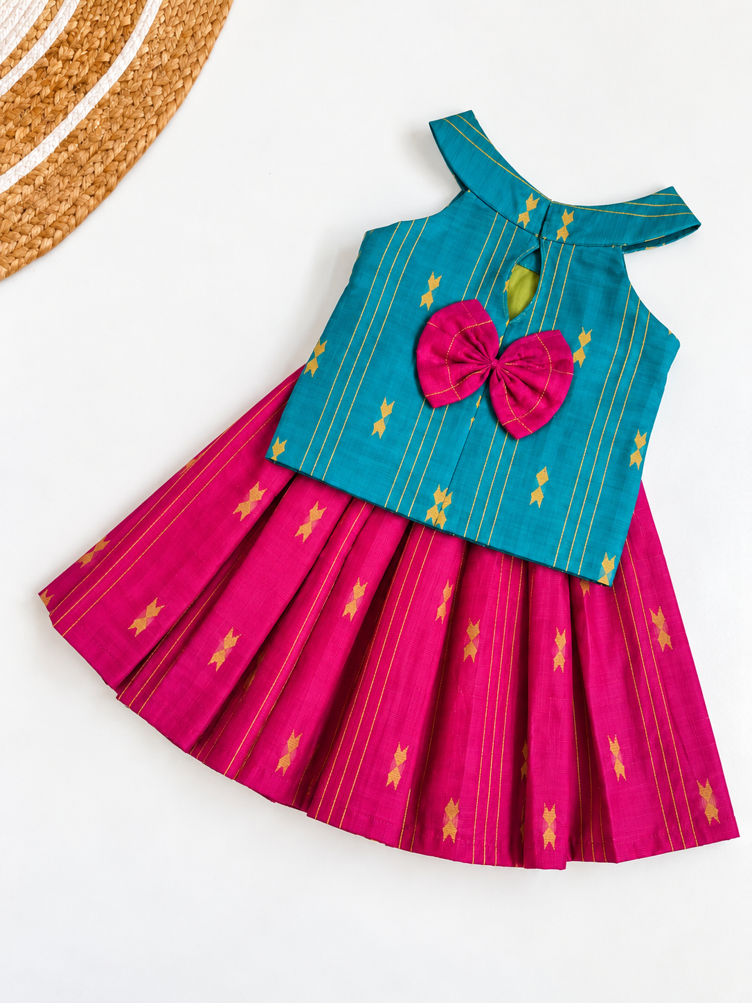 Traditional Raw Silk Pattu Frock Set for Girls – Turquoise Blue & Pink  with Back Bow