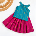 Traditional Raw Silk Pattu Frock Set for Girls – Turquoise Blue & Pink  with Back Bow