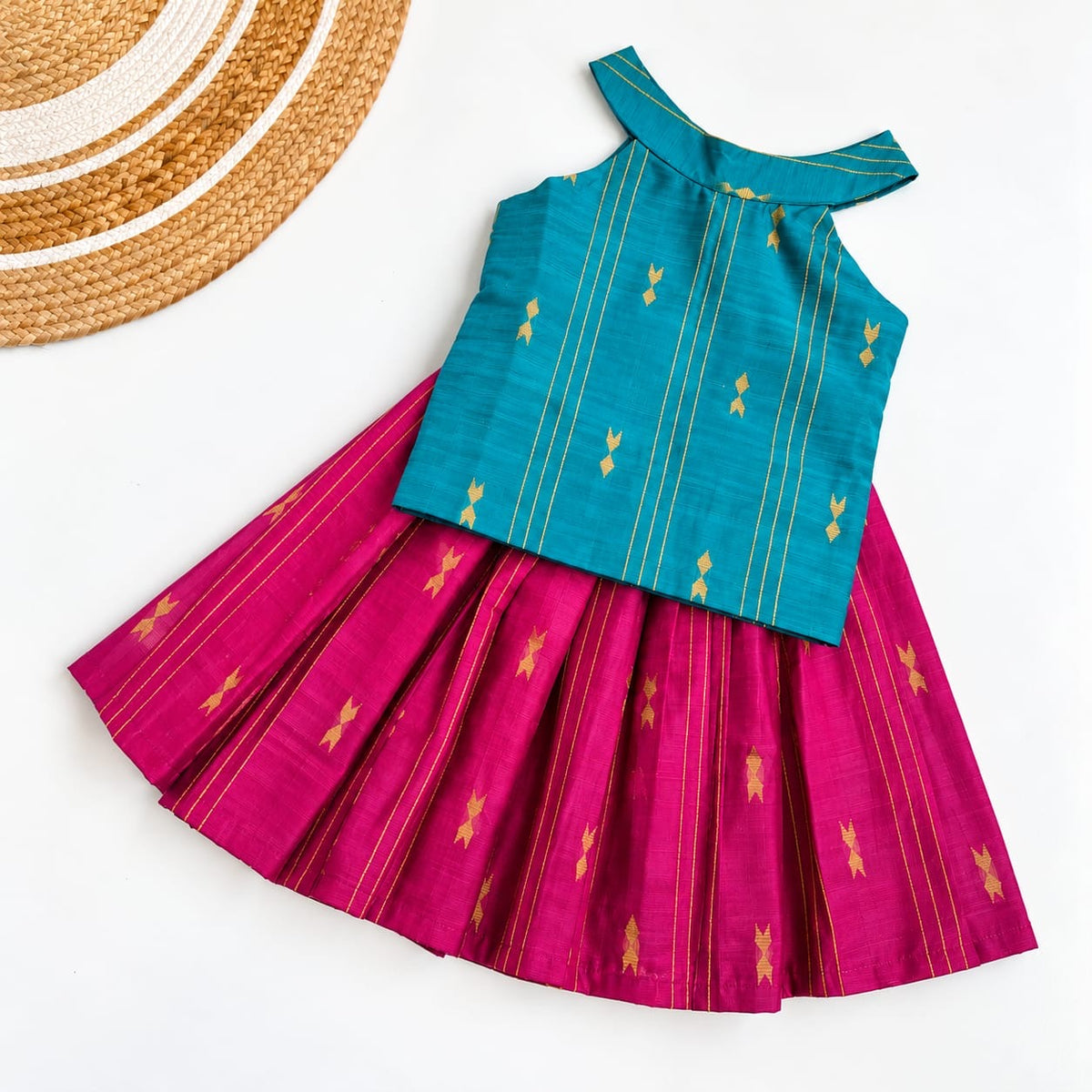 Traditional Raw Silk Pattu Frock Set for Girls – Turquoise Blue & Pink  with Back Bow
