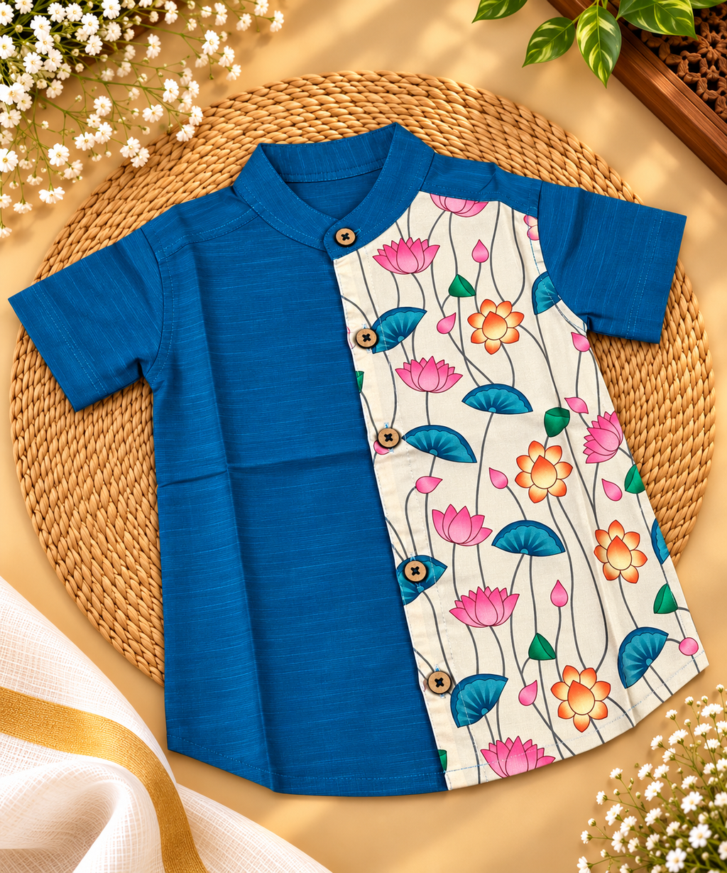Kids Ethnic Shirt – Blue & Multicolour Lotus Print