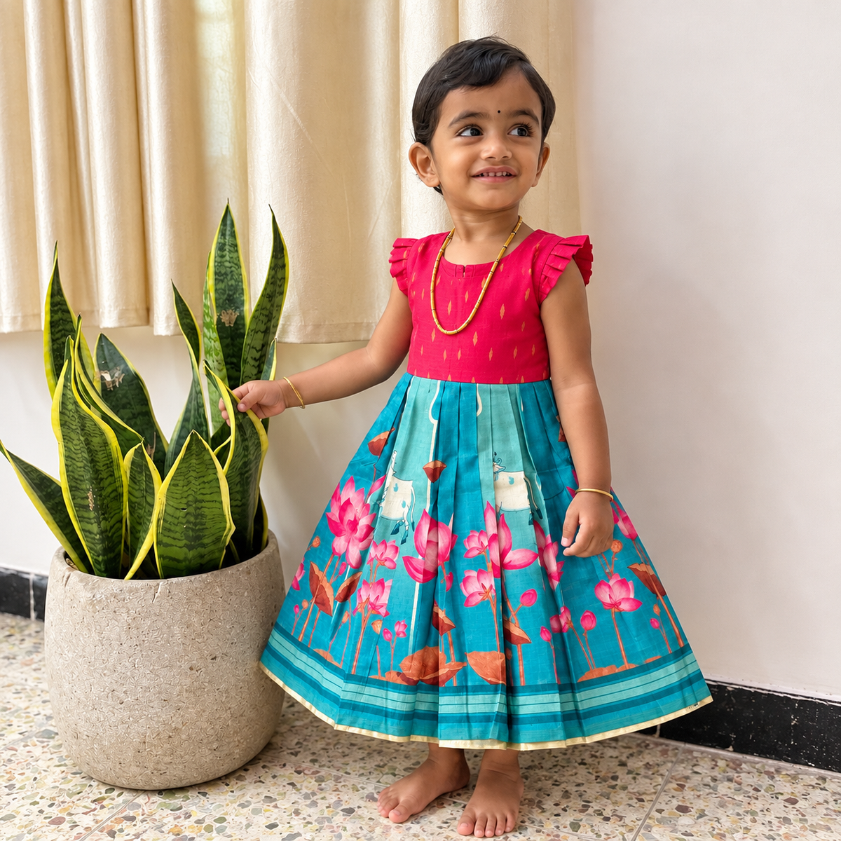 Traditional Pink Raw Silk & Lotus Print Tassar Frock