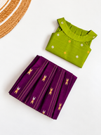 Traditional Raw Silk Pattu Frock Set for Girls – Green & Purple with Back Bow Design