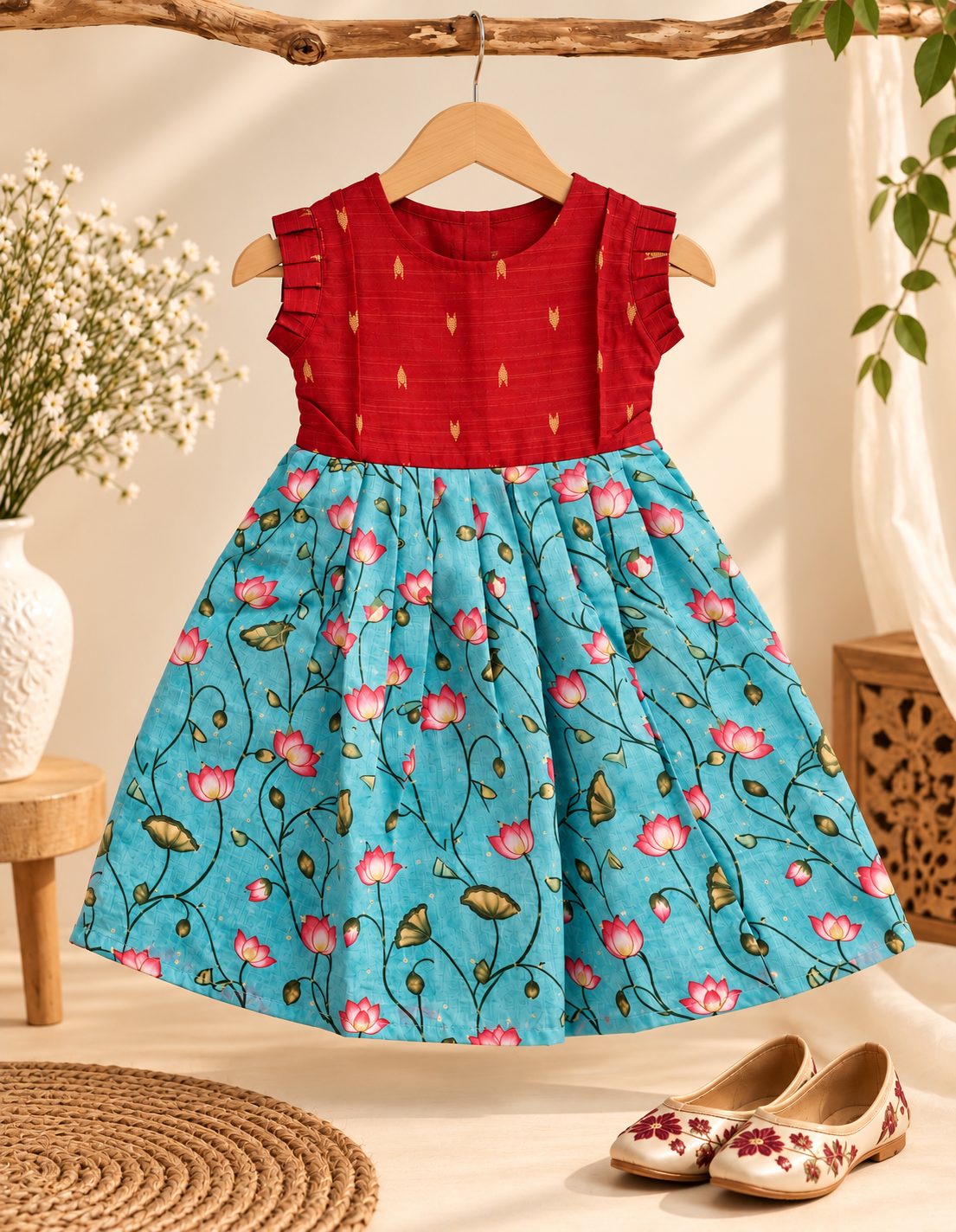 Traditional Ruby Red Raw Silk & Lotus Print Tassar Frock