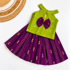 Traditional Raw Silk Pattu Frock Set for Girls – Green & Purple with Back Bow Design