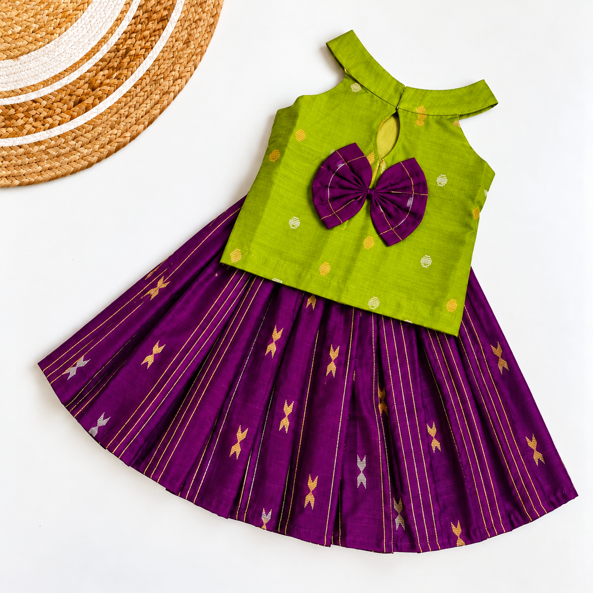 Traditional Raw Silk Pattu Frock Set for Girls – Green & Purple with Back Bow Design