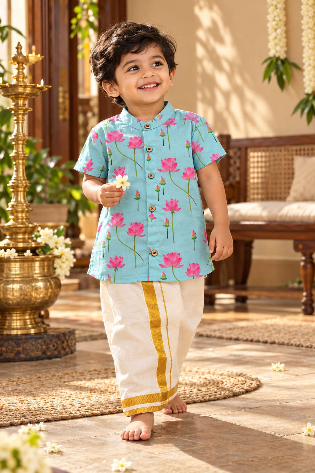 Aqua Blue Lotus Print Ethnic Shirt with Pattu dhoti