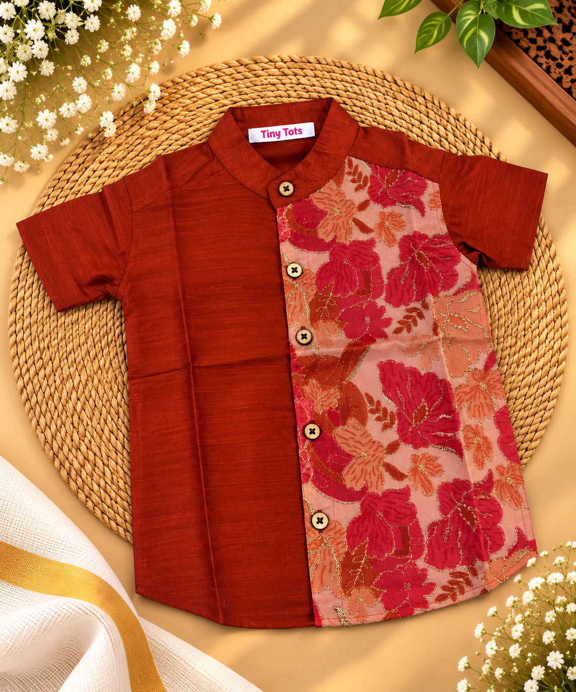 Red Ethnic Shirt for Boys with Floral Embroidered Front Panel for Boys