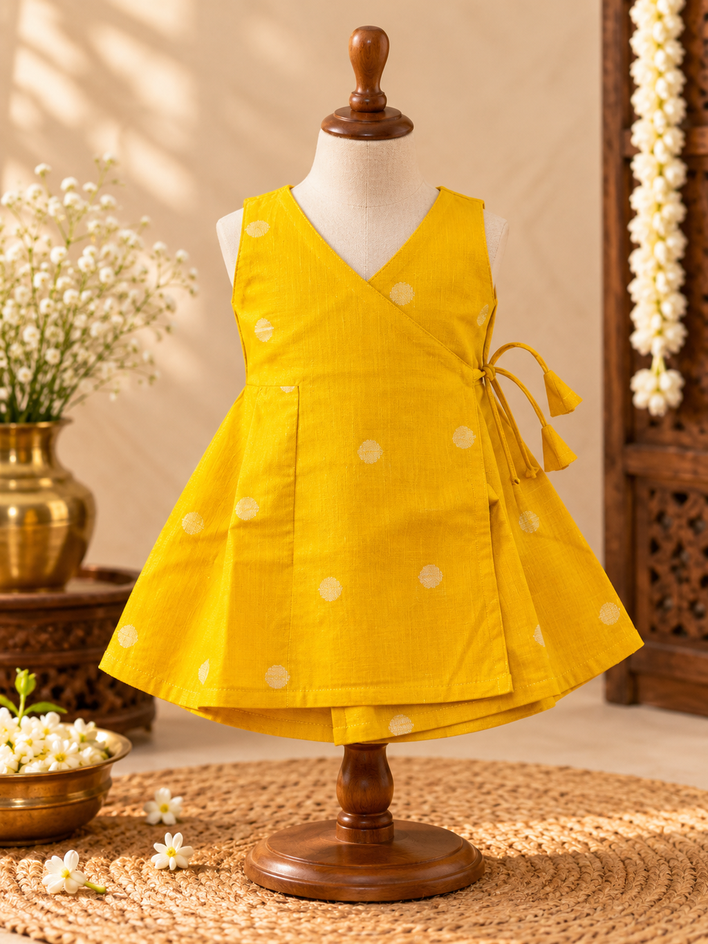 Mustard Yellow Silk Baby Frock with Gold Polka | Side Knot Ethnic Wear