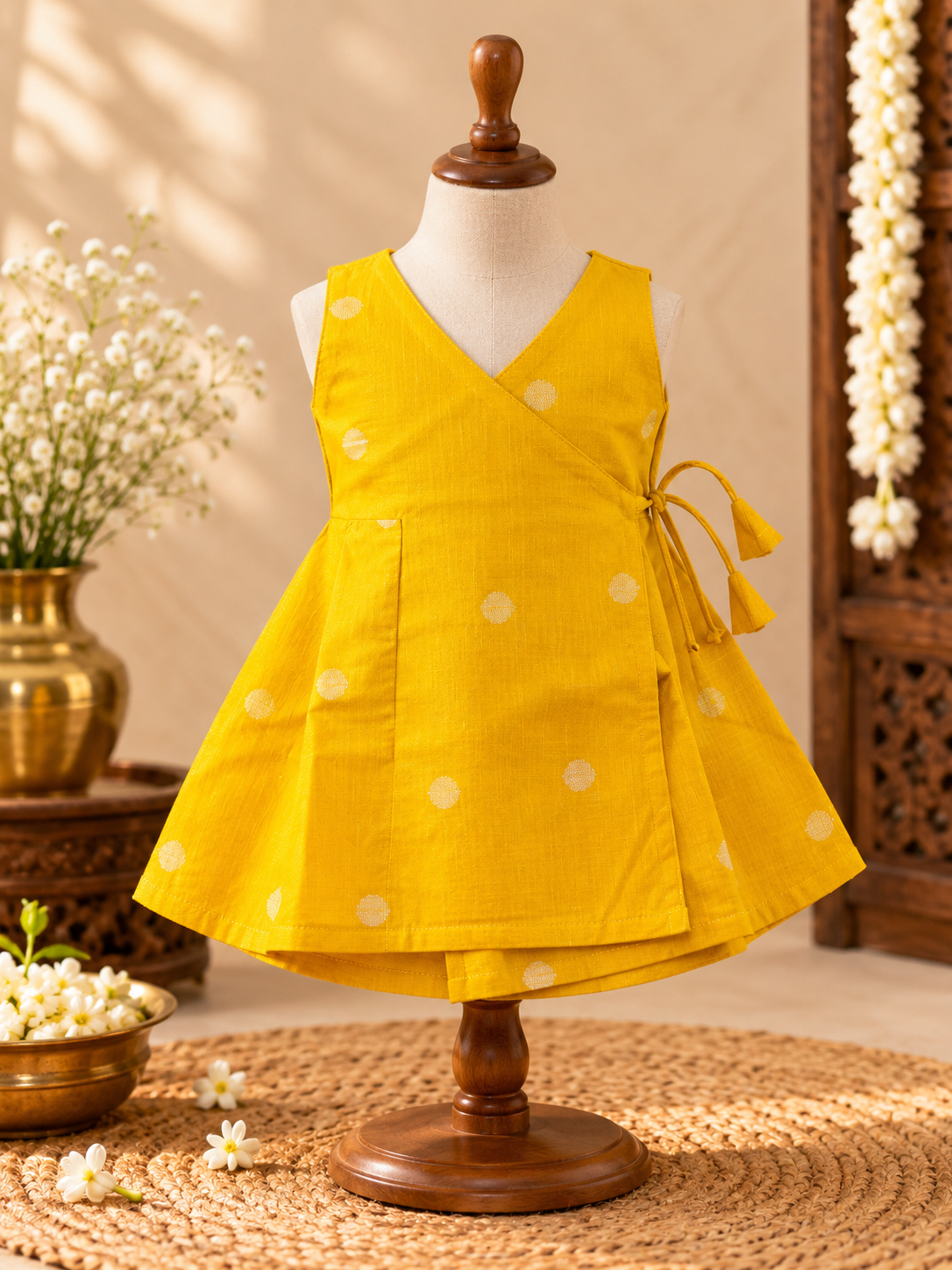 Mustard Yellow Silk Baby Frock with Gold Polka | Side Knot Ethnic Wear