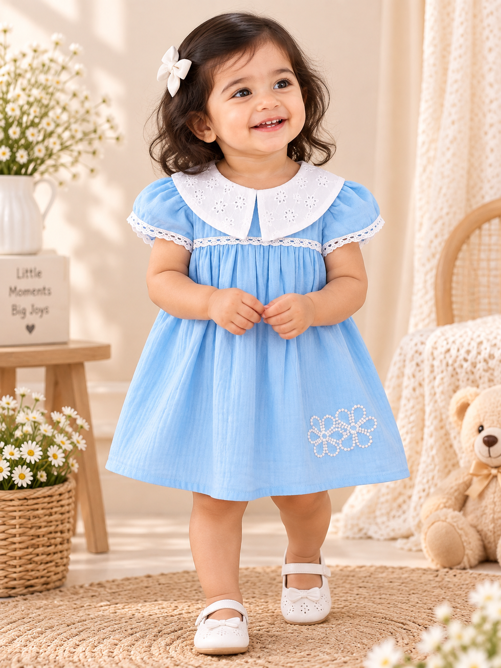 Sky Blue Muslin Frock with Hakoba Collar