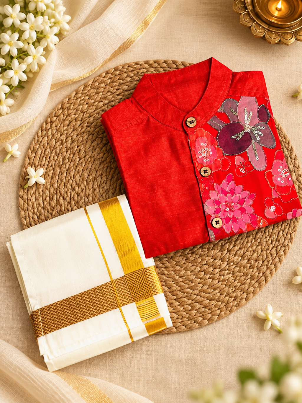 Red Silk Panel Shirt with White Pattu Dhoti for Boys – Traditional Festive Set