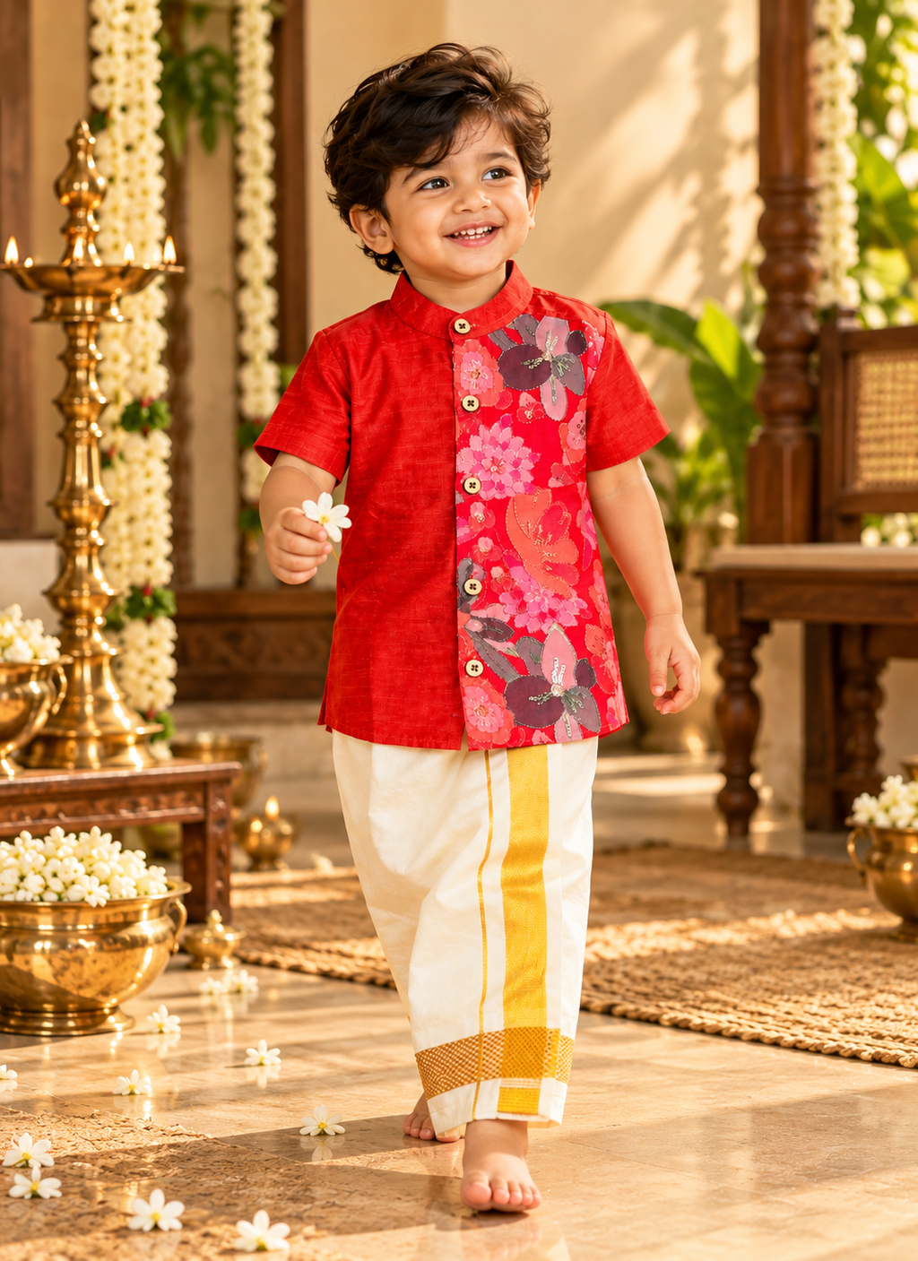 Red Silk Panel Shirt with White Pattu Dhoti for Boys – Traditional Festive Set
