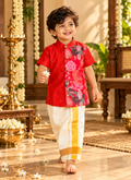 Red Silk Panel Shirt with White Pattu Dhoti for Boys – Traditional Festive Set