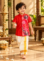 Red Silk Panel Shirt with White Pattu Dhoti for Boys – Traditional Festive Set