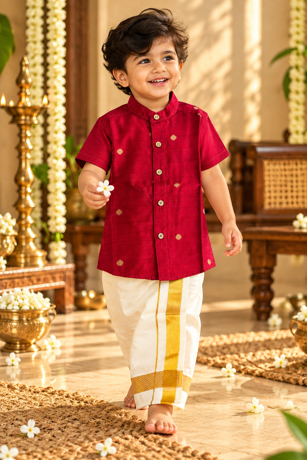 Rubby Red Silk Butta Shirt with White Pattu Dhoti for Boys – Traditional Festive Set