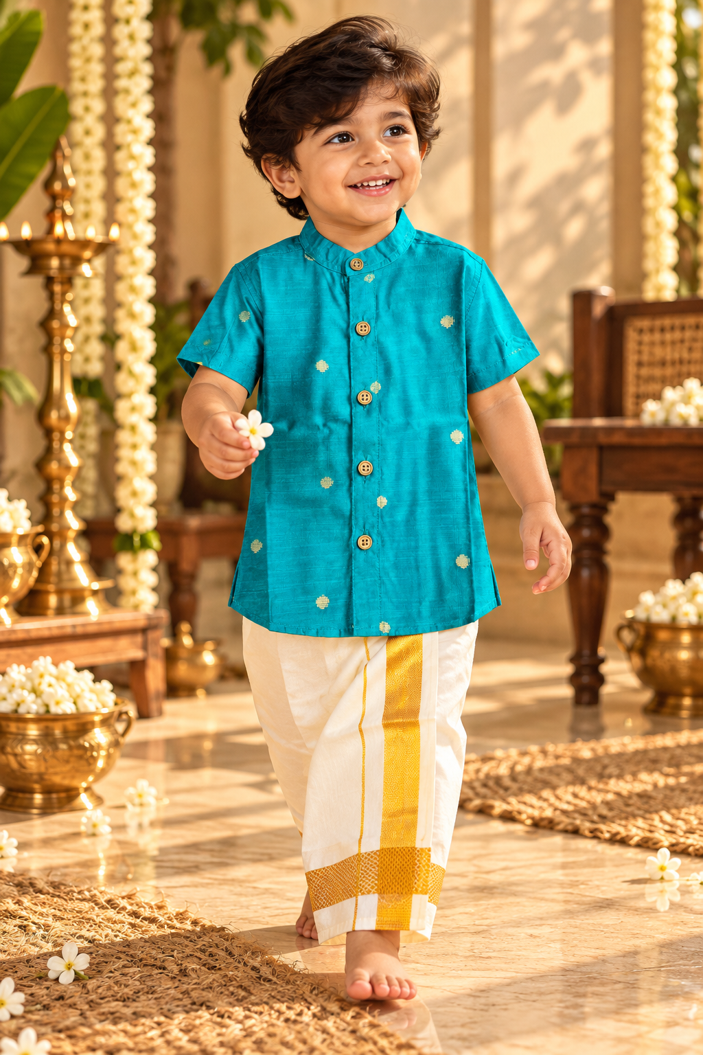 Peacock Blue Silk Butta Shirt with White Pattu Dhoti for Boys – Traditional Festive Set