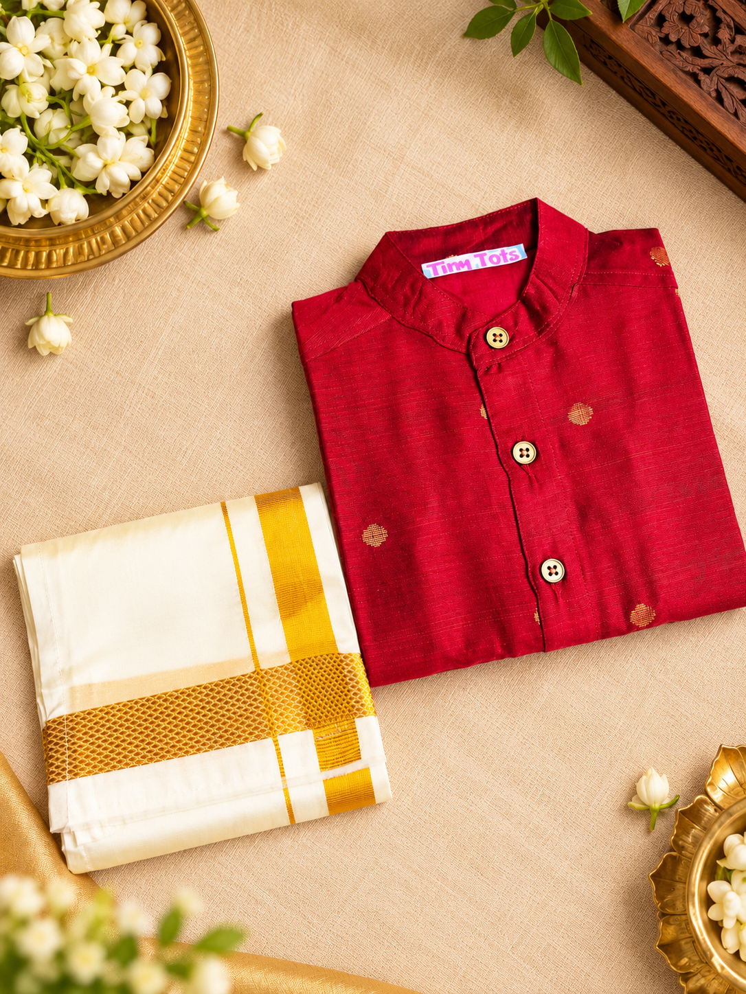 Rubby Red Silk Butta Shirt with White Pattu Dhoti for Boys – Traditional Festive Set