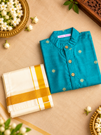 Peacock Blue Silk Butta Shirt with White Pattu Dhoti for Boys – Traditional Festive Set