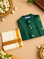 Bottle Green Silk Butta Shirt with White Pattu Dhoti for Boys – Traditional Festive Set