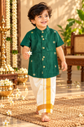 Bottle Green Silk Butta Shirt with White Pattu Dhoti for Boys – Traditional Festive Set