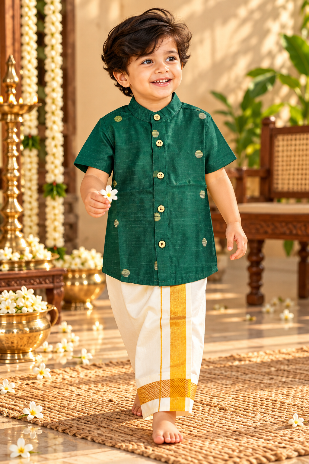 Bottle Green Silk Butta Shirt with White Pattu Dhoti for Boys – Traditional Festive Set