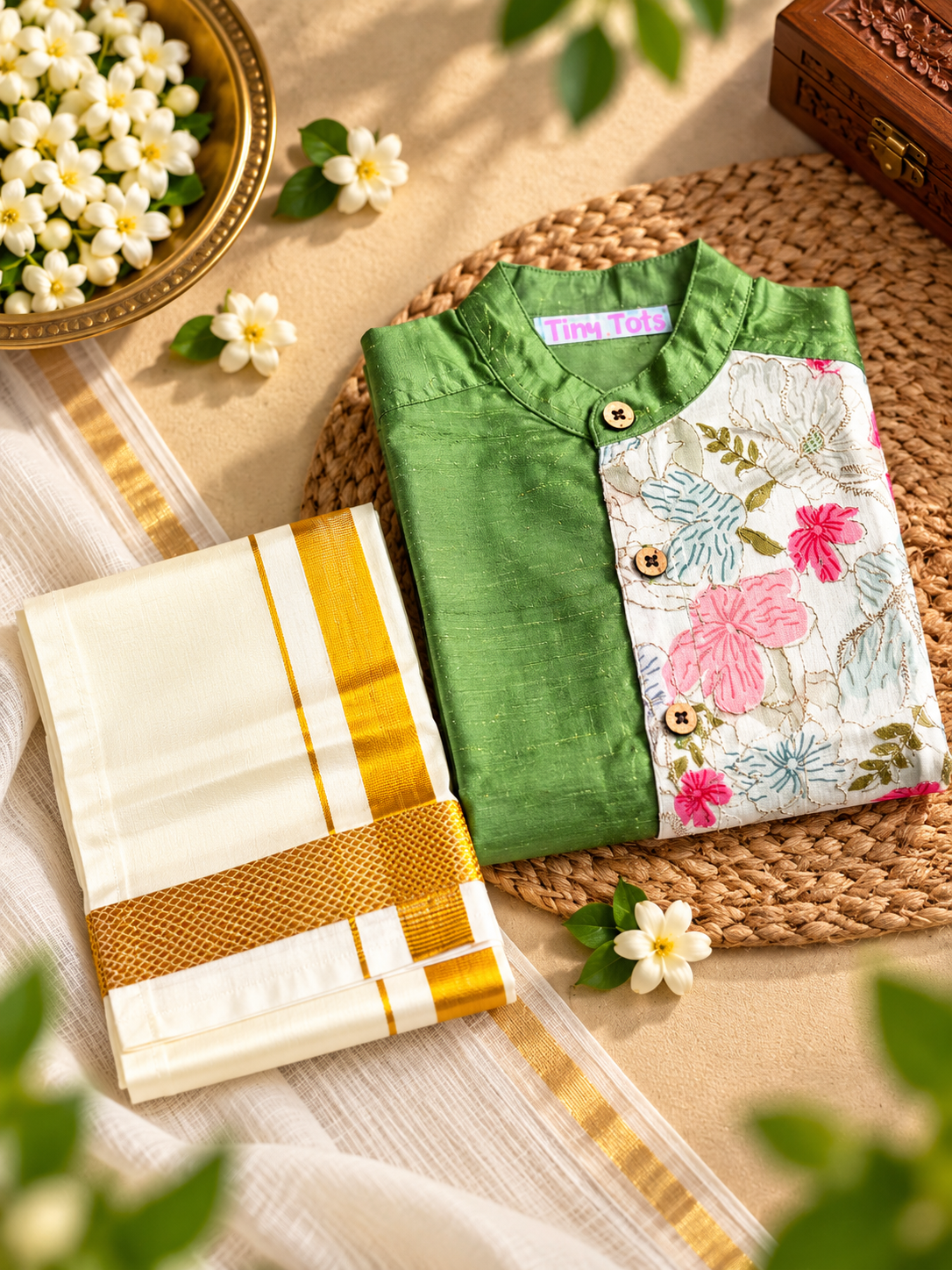 Pistachio Green Silk Panel Shirt with White Pattu Dhoti for Boys – Traditional Festive Set
