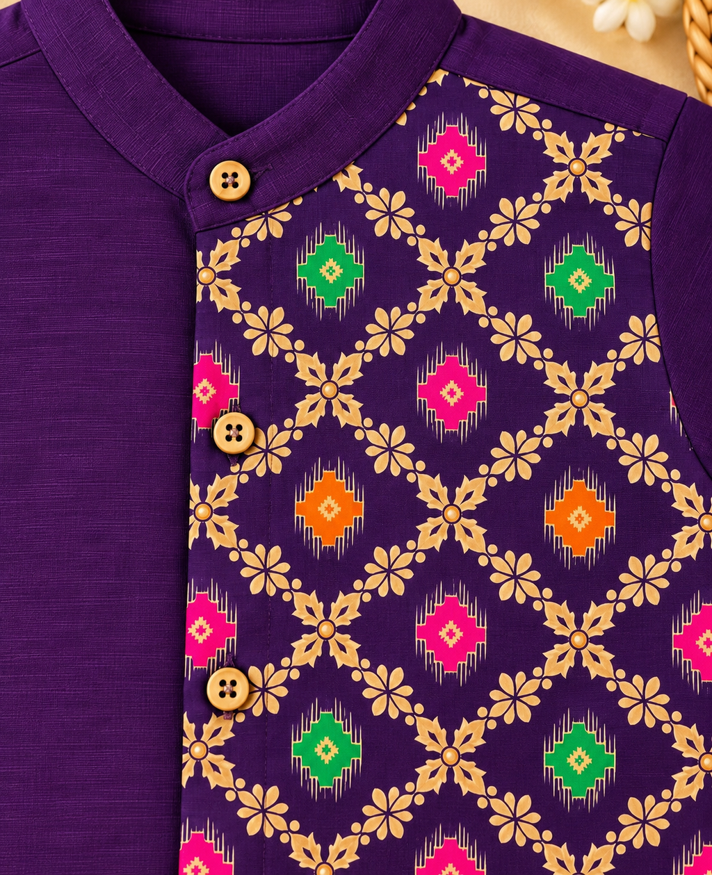 Royal Purple Raw Silk Patola Print Shirt & Dhoti Set for Boys