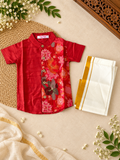Red Floral Raw Silk Ethnic Shirt with Traditional Dhoti Set for Boys