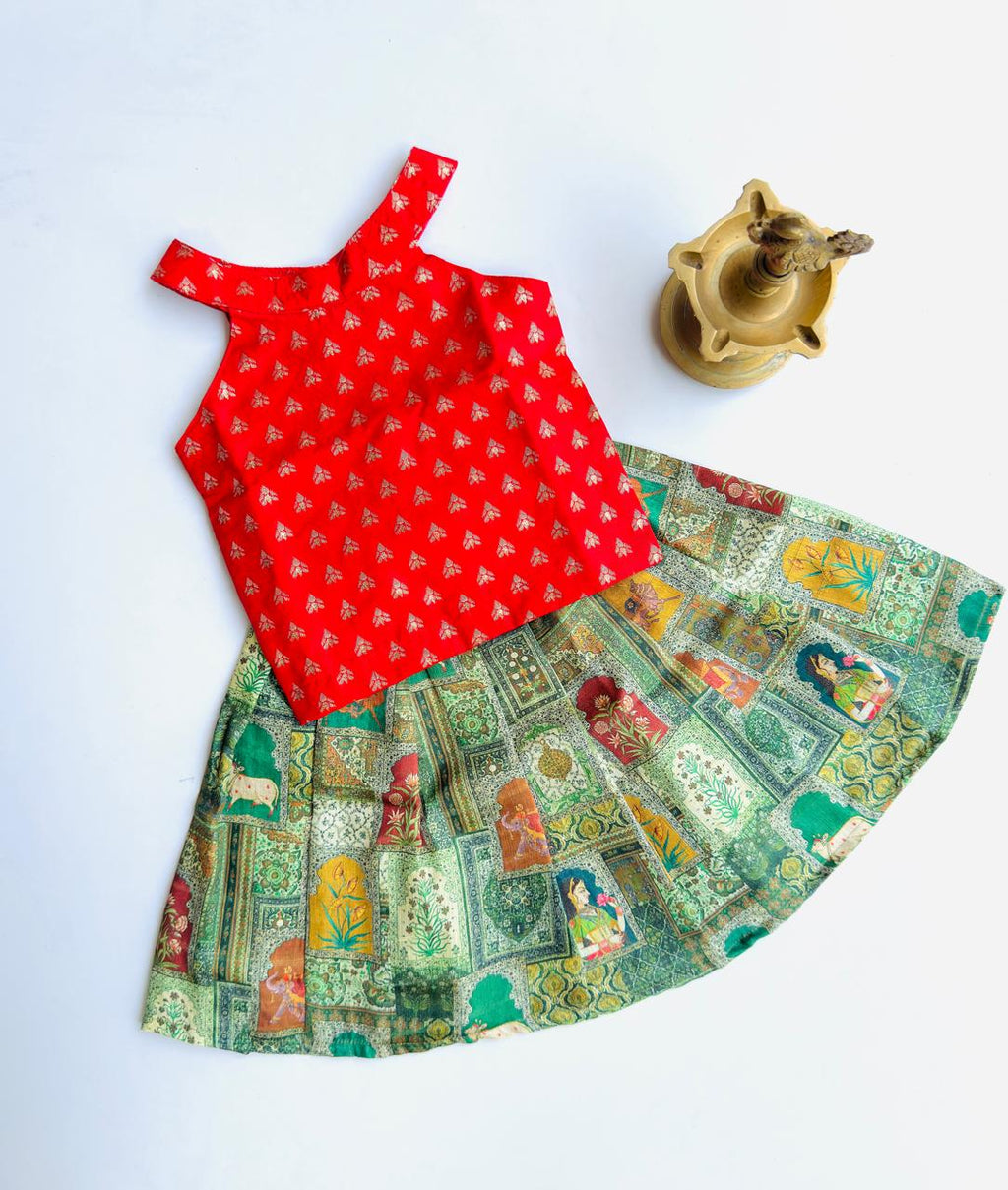 Traditional Raw Silk Pattu Frock Set for Girls – Red & Green with Back Bow