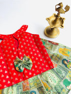 Traditional Raw Silk Pattu Frock Set for Girls – Red & Green with Back Bow