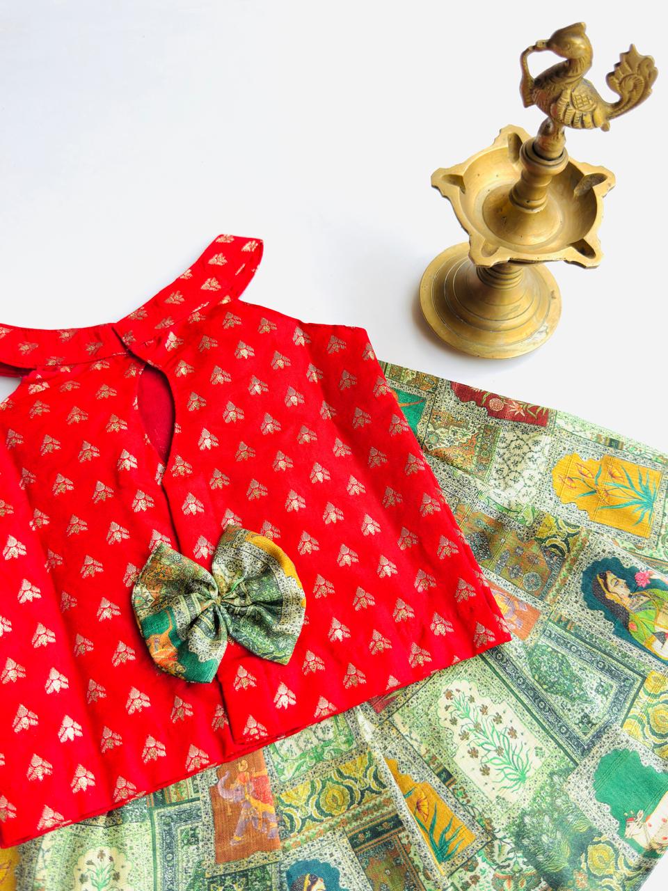 Traditional Raw Silk Pattu Frock Set for Girls – Red & Green with Back Bow