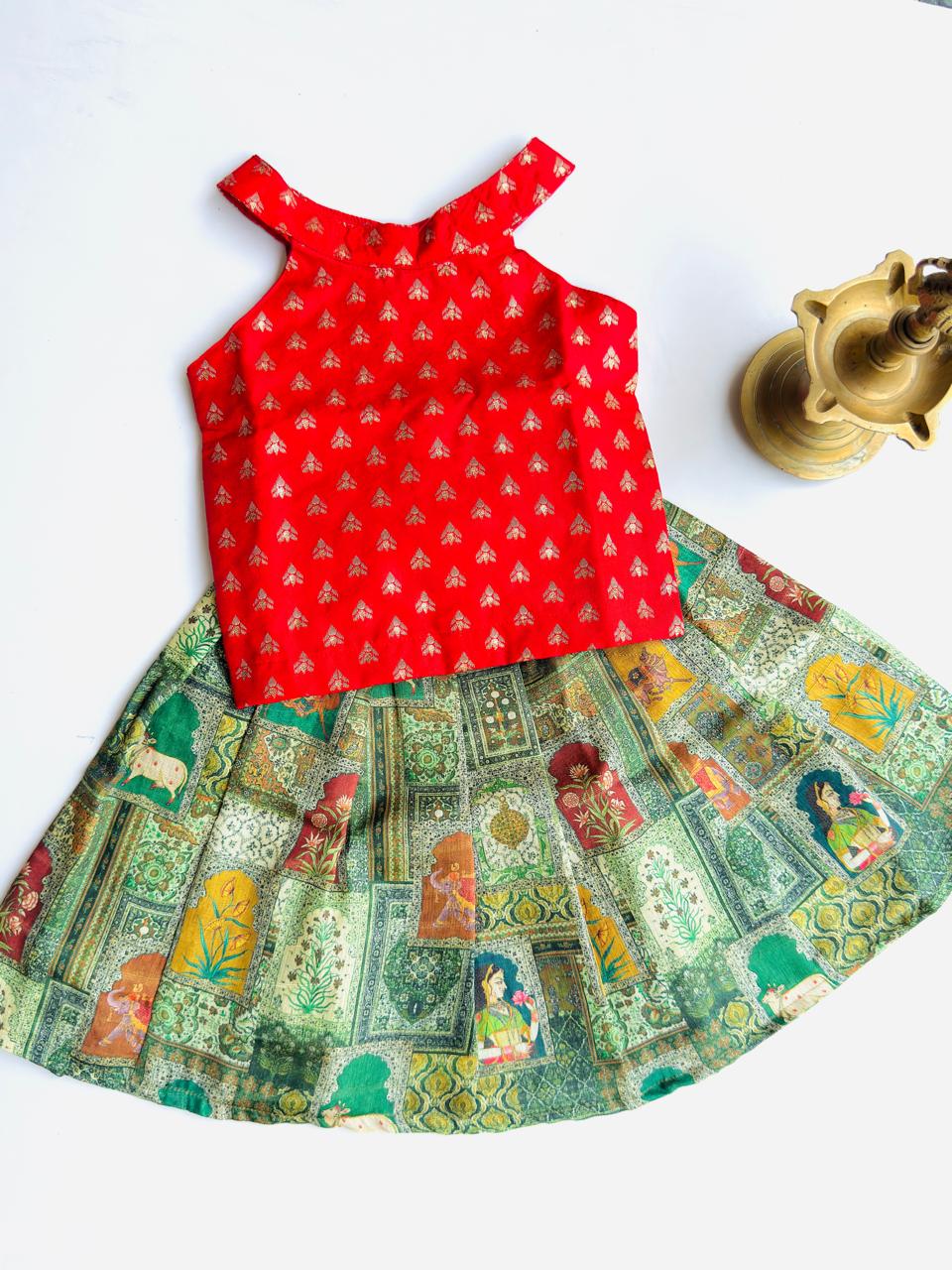 Traditional Raw Silk Pattu Frock Set for Girls – Red & Green with Back Bow