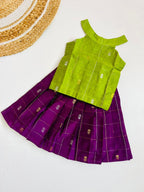 Traditional Raw Silk Pattu Frock Set for Girls – Green & Purple with Back Bow Design