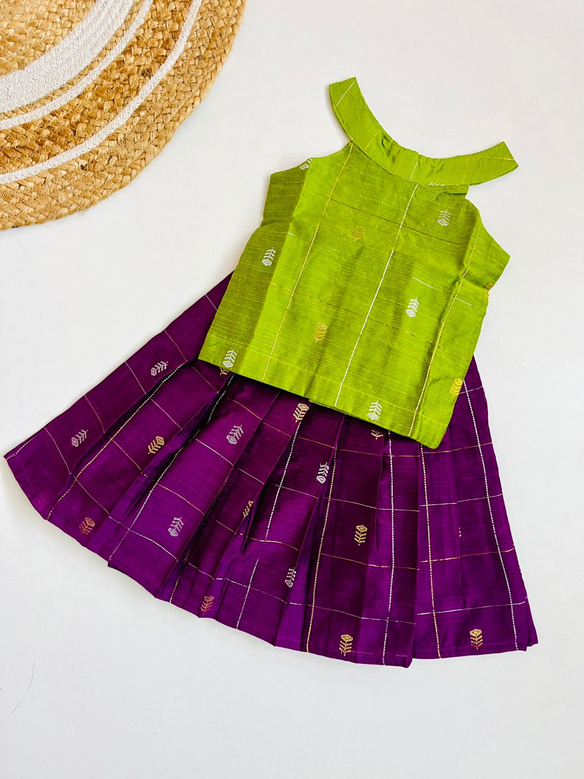 Traditional Raw Silk Pattu Frock Set for Girls – Green & Purple with Back Bow Design