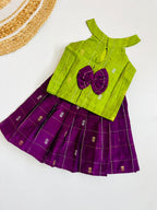 Traditional Raw Silk Pattu Frock Set for Girls – Green & Purple with Back Bow Design