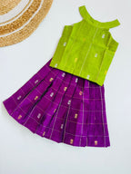 Traditional Raw Silk Pattu Frock Set for Girls – Green & Purple with Back Bow Design