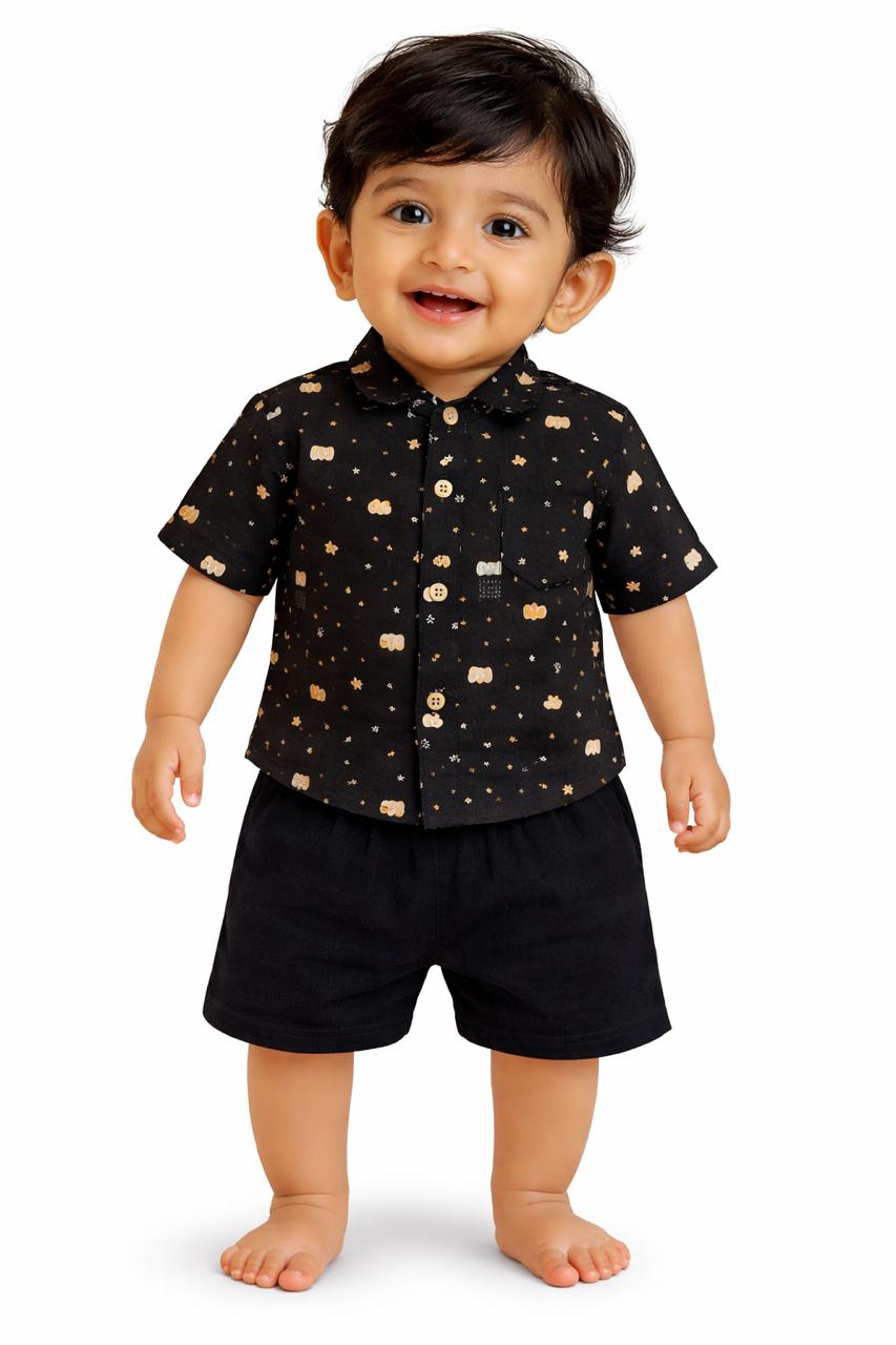 Baby Boy Black Printed Shirt & Black Shorts Set – Cute Star and Cloud Design