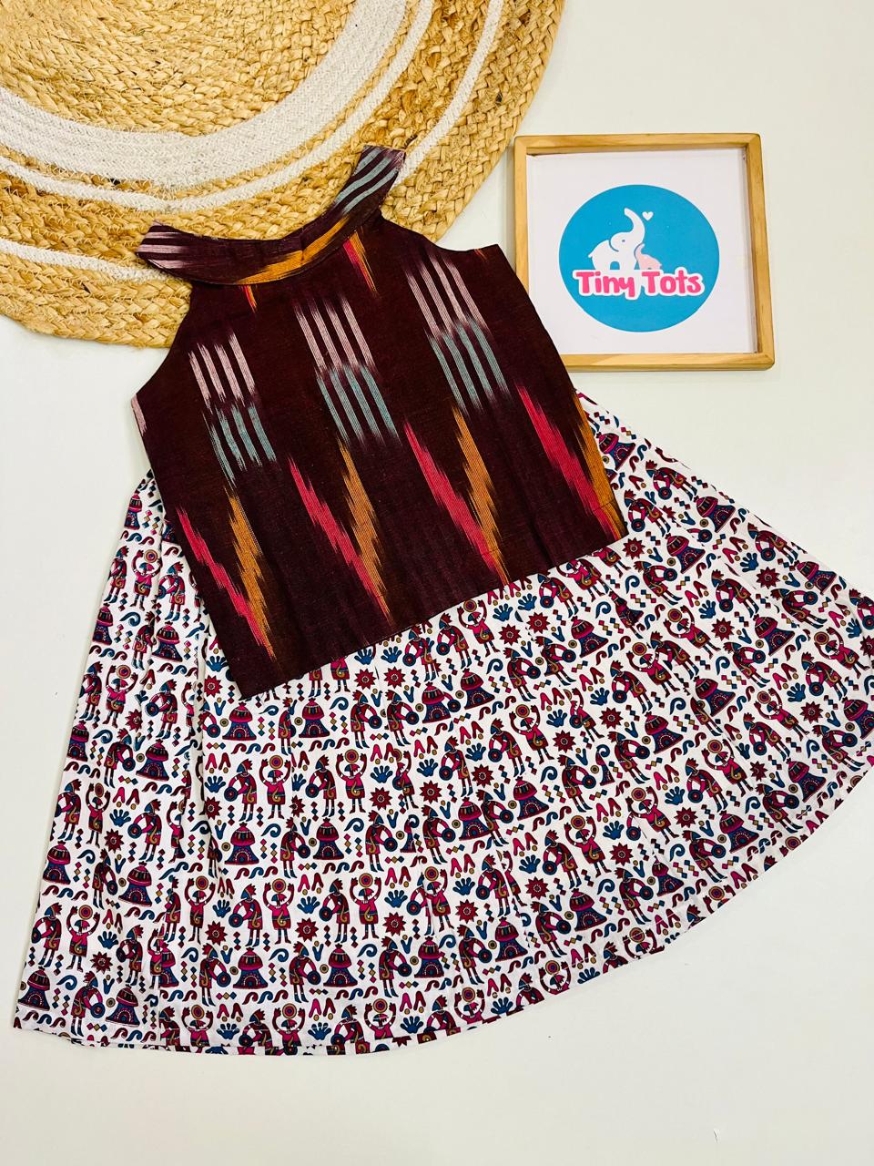 Maroon Ikat Top with Folk Print Skirt Set