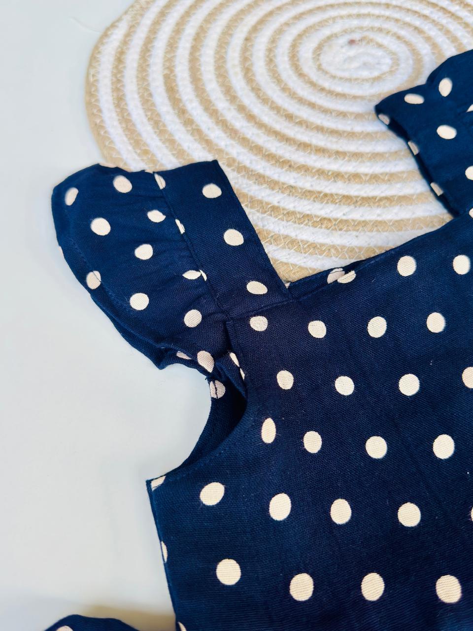 Cute navy blue polka dot frock with frilled straps – Back Button Frock