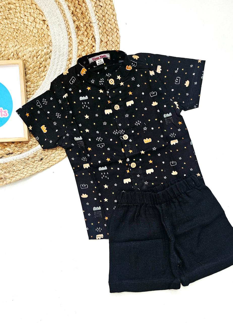 Baby Boy Black Printed Shirt & Black Shorts Set – Cute Star and Cloud Design