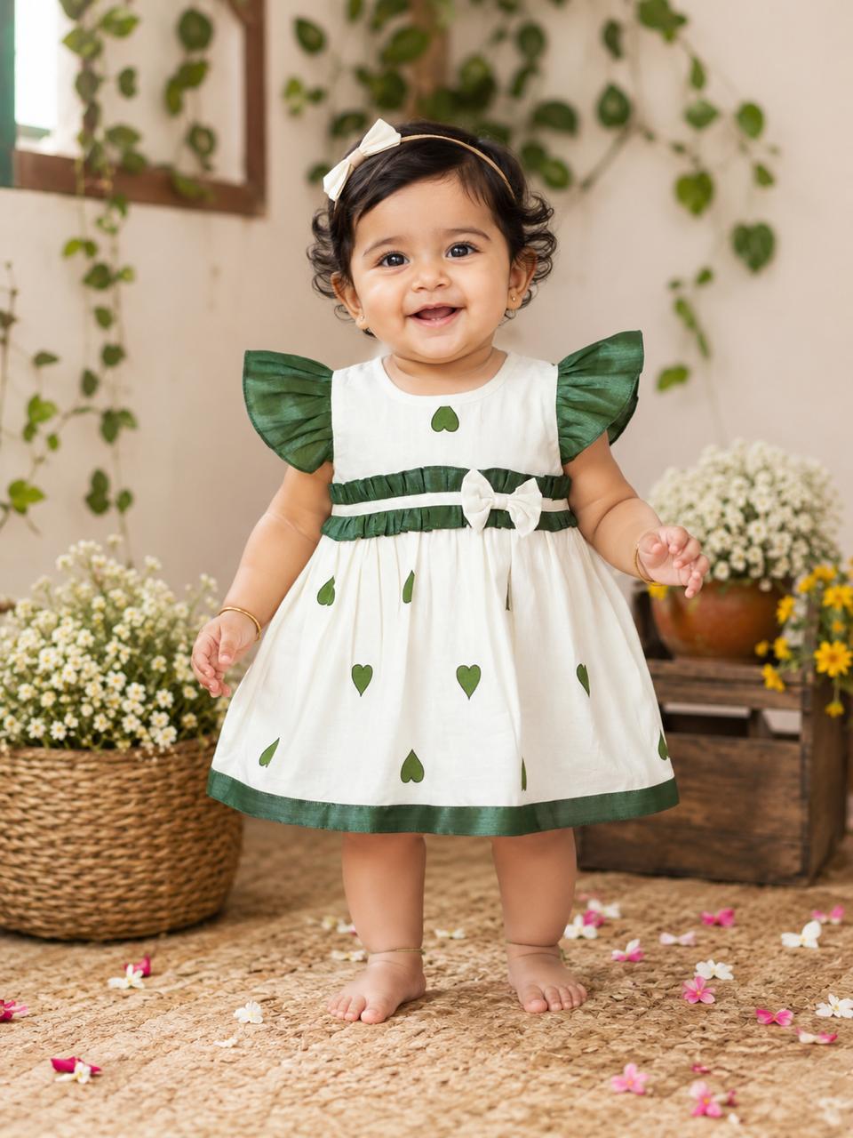 Heart Print Tissue Party Frock with Soft Cotton Lining – Olive Green & Ivory