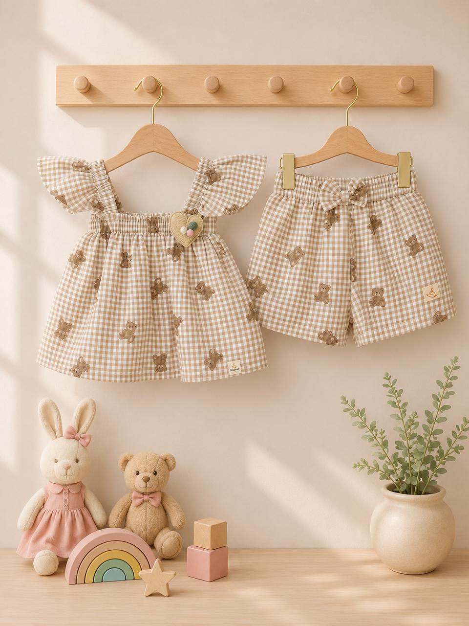 Teddy Bear Checkered Beige Cotton Co-Ord Set for Baby Girls