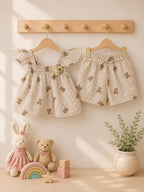 Teddy Bear Checkered Beige Cotton Co-Ord Set for Baby Girls